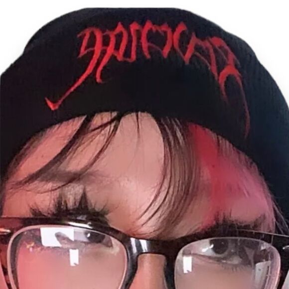 NEW Red Revenge Embroidery Flip Up Black Rib Knit Beanies - Picture 3 of 3